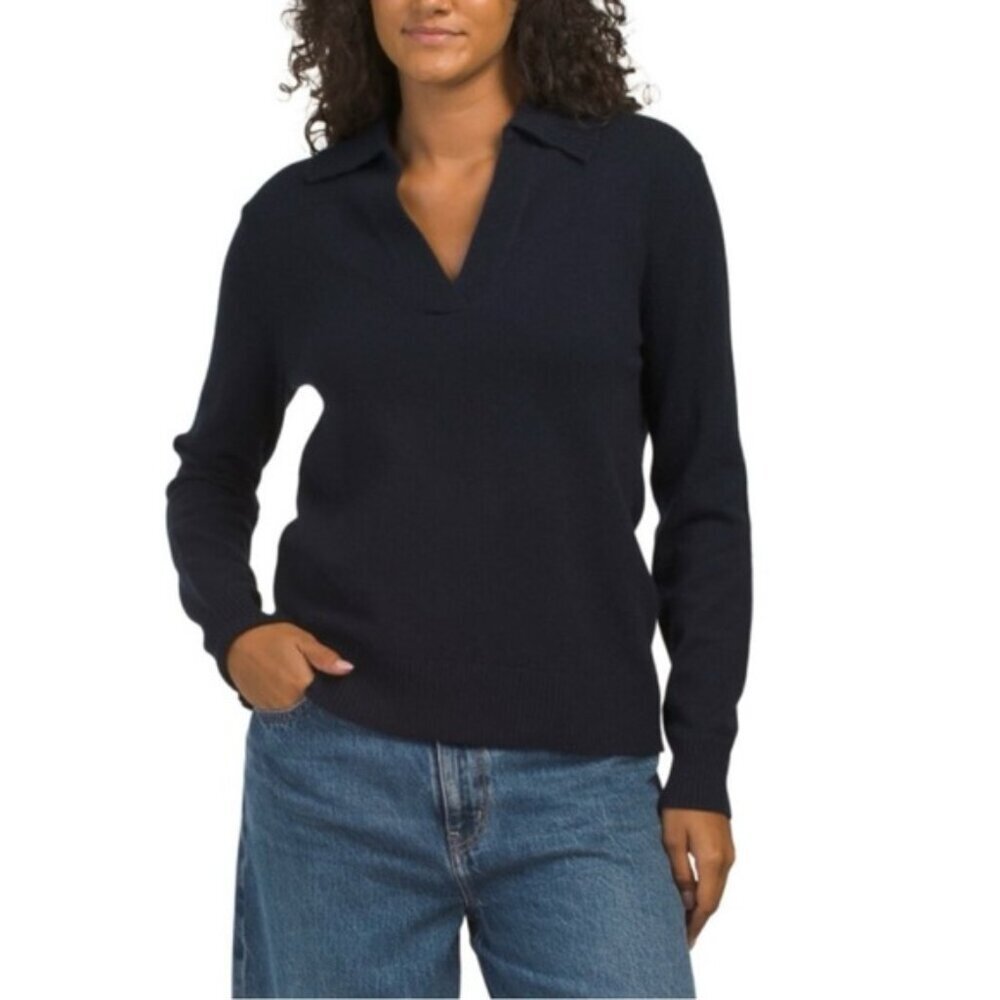 NWT Theory Women's Cashmere Slouchy Polo Sweater Navy P